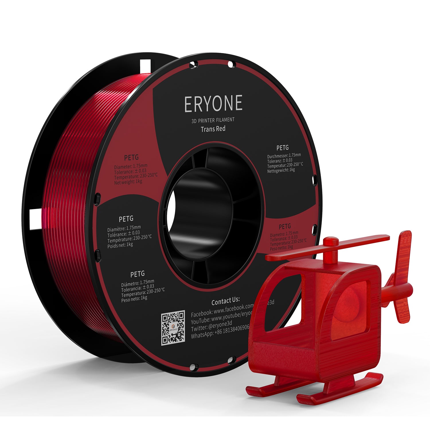 ERYONE PETG Filament, 1.75mm ±0.03mm Filament for 3D Printer, 1KG(2.2LBS)/ Spool - eryone3d