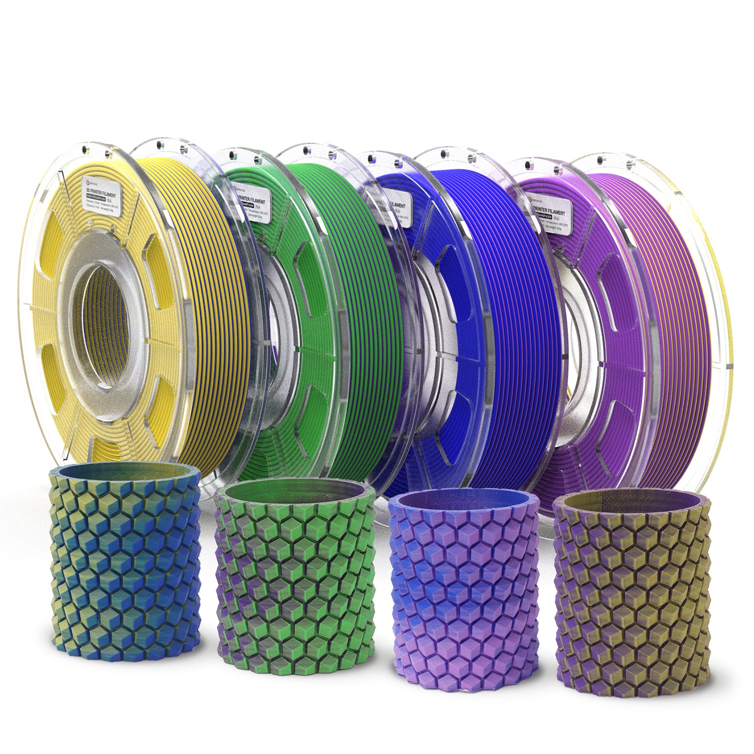 ERYONE 4ROLLS/250g (Total 1KG/2.2LBS) 1.75mm Matte Dual-Color PLA Filament,Accuracy +/- 0.03 mm(Yellow&Purple; Blue&Yellow; Bule&Purple; Green&Purple) - eryone3d