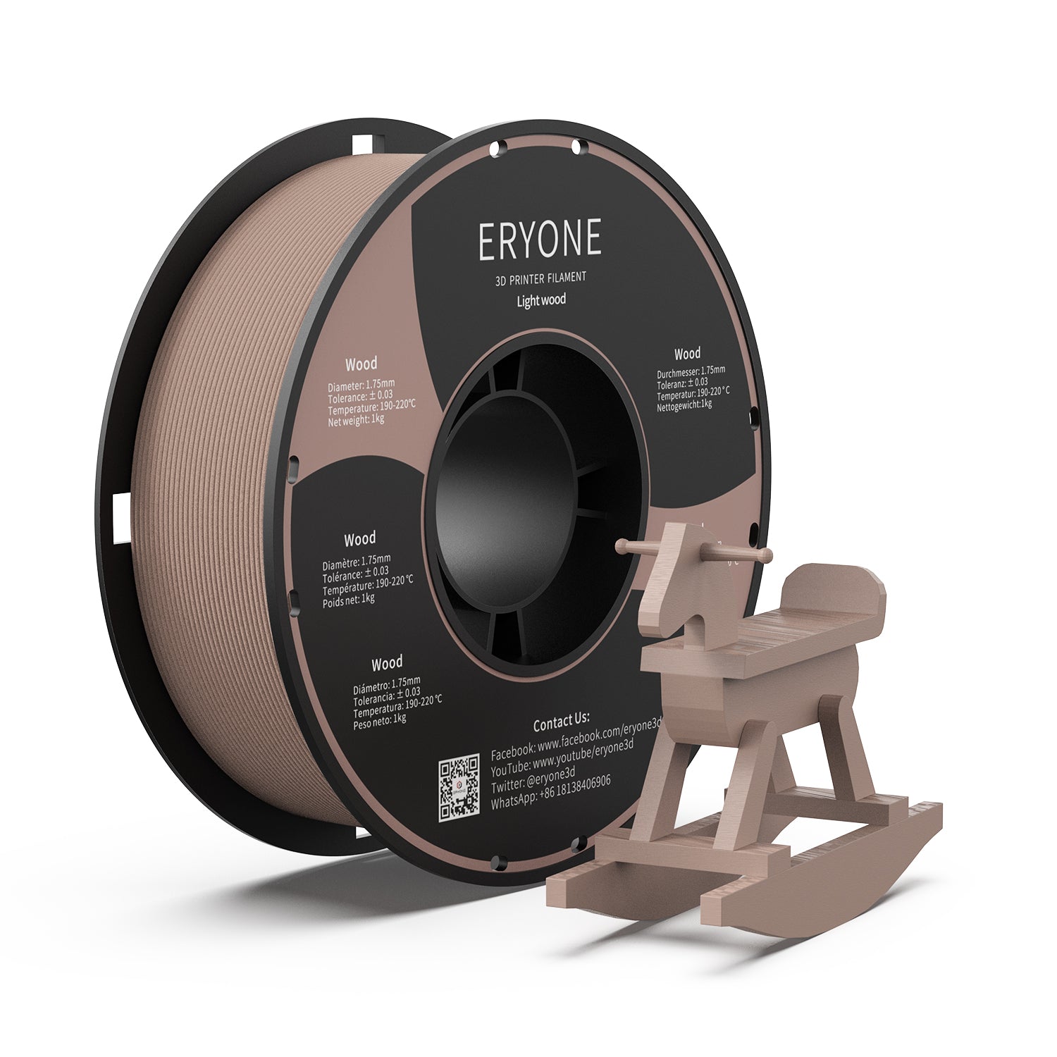 ERYONE Wood PLA Filament 1.75mm for FDM 3D Printer, -0.03mm, 1kg - eryone3d