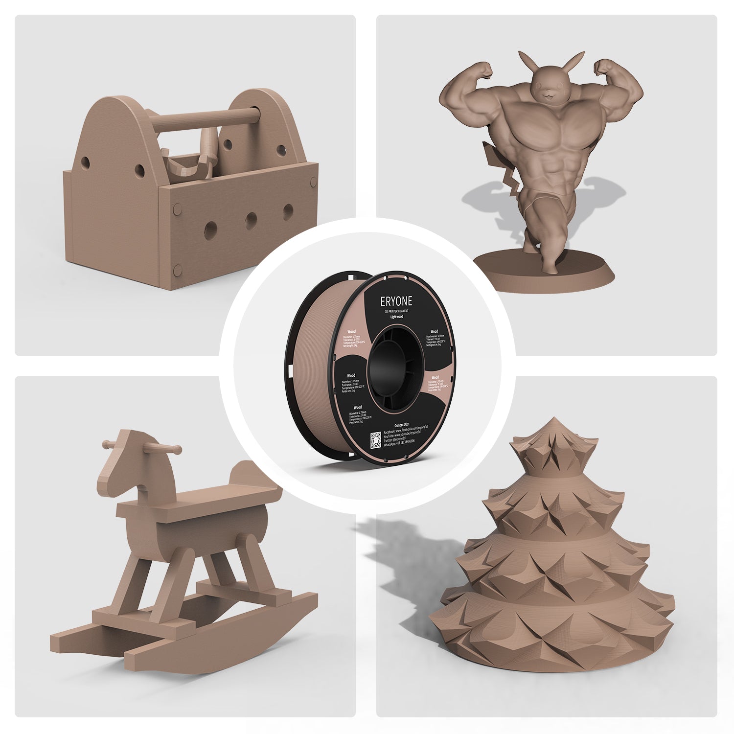 ERYONE Wood PLA Filament 1.75mm for FDM 3D Printer, -0.03mm, 1kg - eryone3d