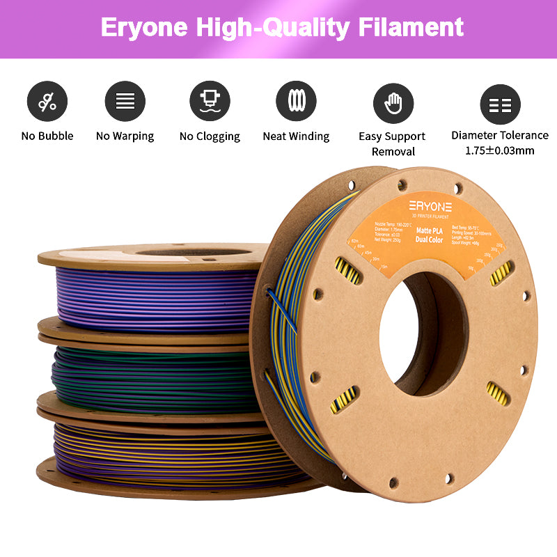 PLA Matte Dual-Color Filament，1.75mm±0.03mm（250g）,Total 4 Rolls