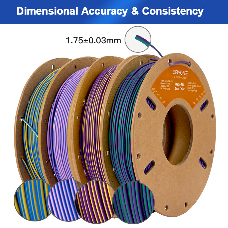 PLA Matte Dual-Color Filament，1.75mm±0.03mm（250g）,Total 4 Rolls
