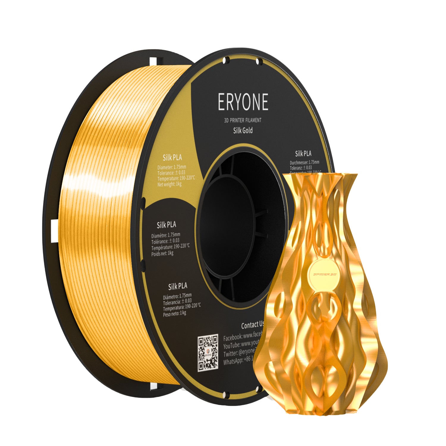 ERYONE Silk PLA Filament 1.75mm, Silky Shiny 3D Printing Material for 3D Printer and 3D Pen, 1kg 1 Spool, 1.75mm - eryone3d