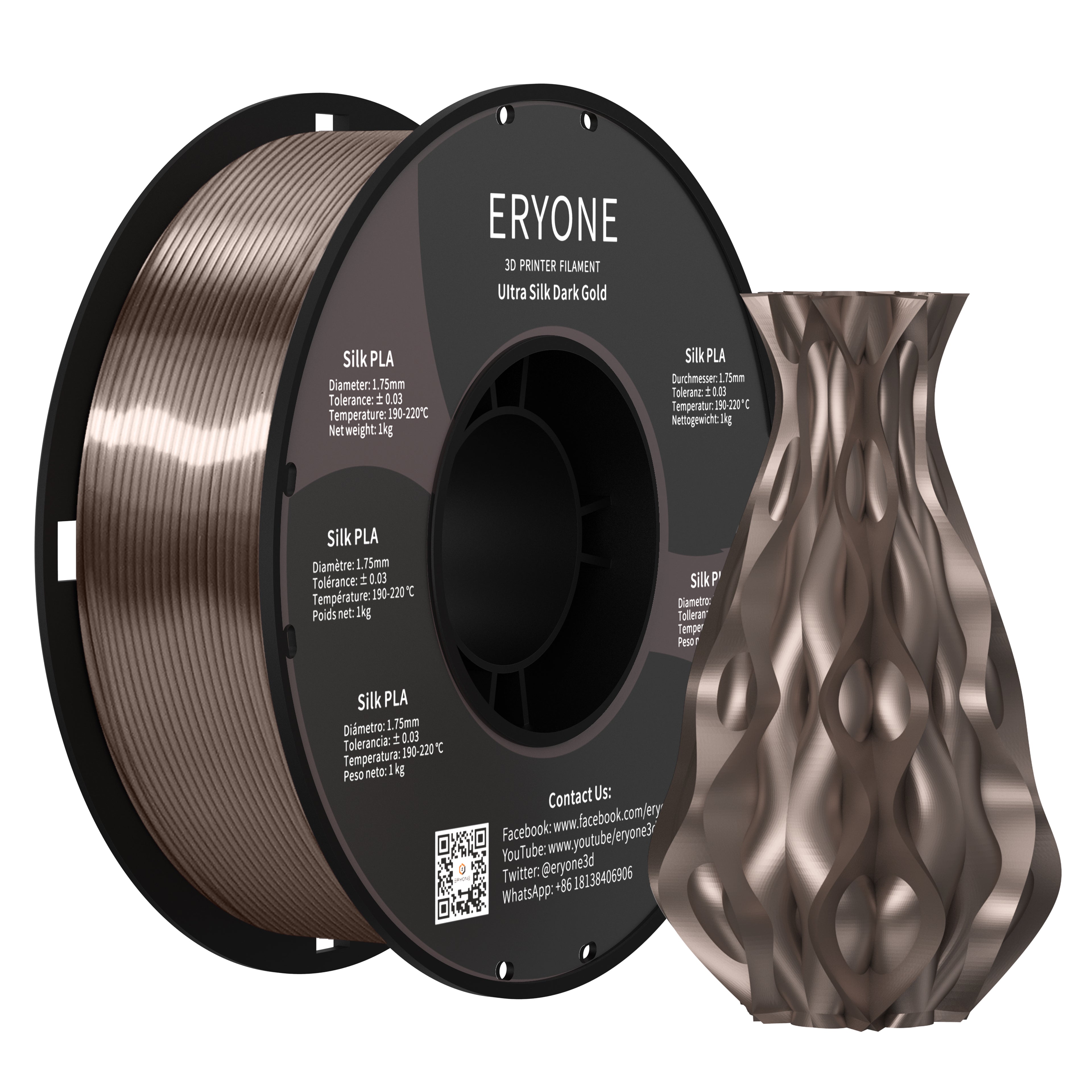ERYONE Ultra Silk PLA 3D Printer Filament 1.75mm, Dimensional Accuracy +/- 0.05 mm, 1kg (2.2LBS) / Spool(shiner and brighter than silk PLA) - eryone3d