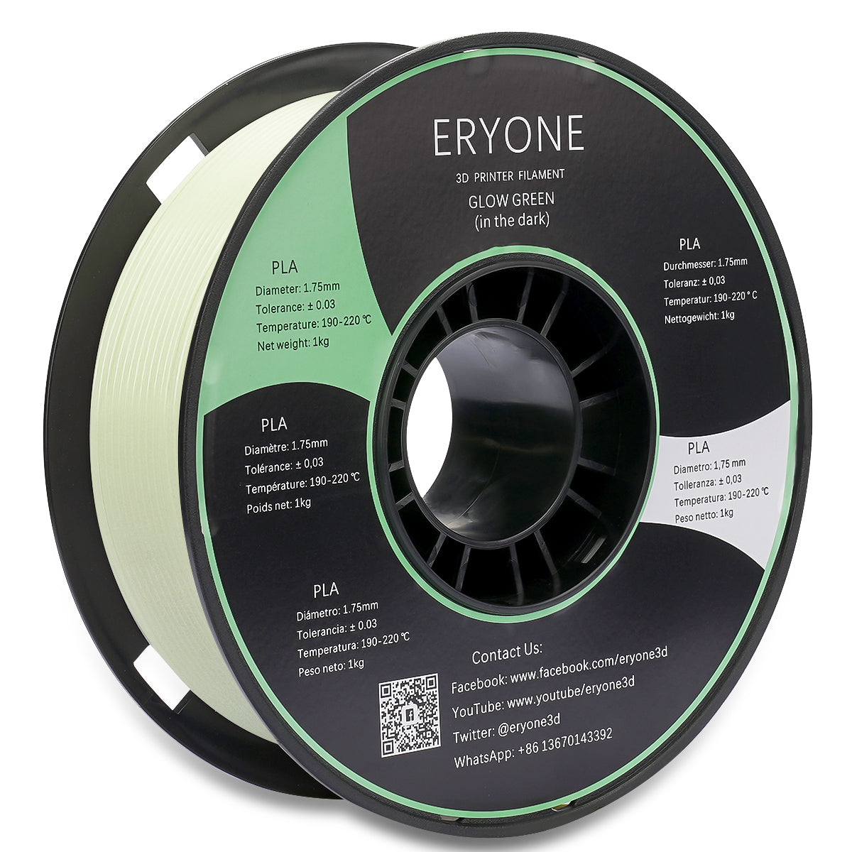 ERYONE Glow Green in The Dark PLA 3D Printer Filament 1.75mm, Dimensional Accuracy +/- 0.05 mm, 1kg (2.2LBS) / Spool - eryone3d